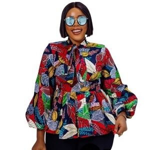 Mae Otti Bibi African Print Peplum Blouse Tie‎ Neck Tropical Leaf Print XL